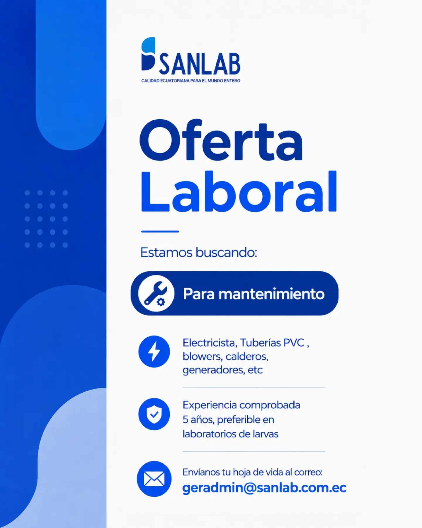 Oferta laboral SANLAB - Buscamos personal de mantenimiento